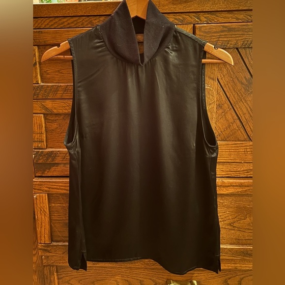 Nation LTD Danielle Ribbed Mock Neck Black Satin Sleeveless Top S Back Keyhole - Picture 1 of 12